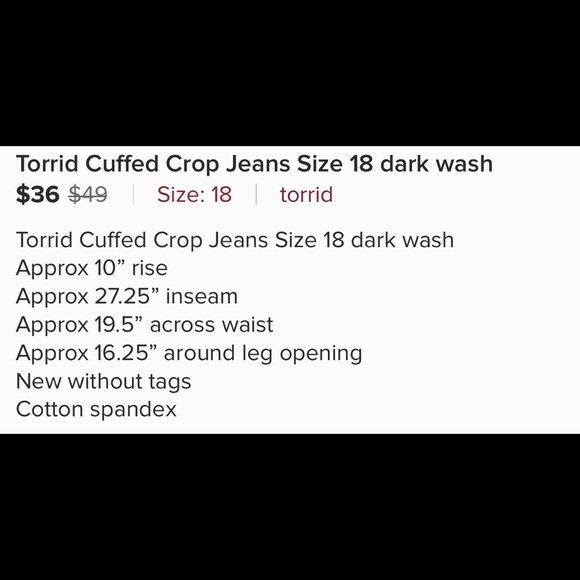 NWOT Torrid Dark Washed Cropped Jeans. Size 18 - Picture 5 of 5